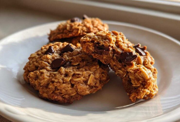 Three delicious oatmeal chocolate chip breakfast cookie treats stacked on a white plate, catching warm sunlight.