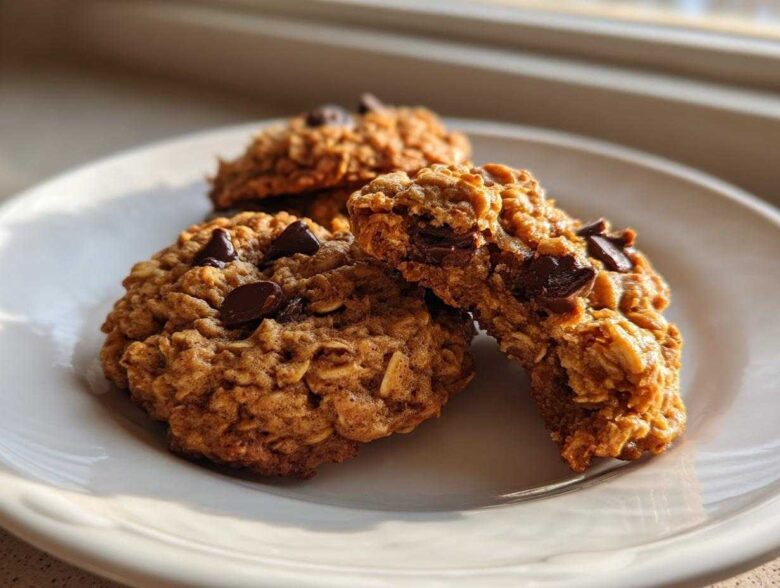 Three delicious oatmeal chocolate chip breakfast cookie treats stacked on a white plate, catching warm sunlight.