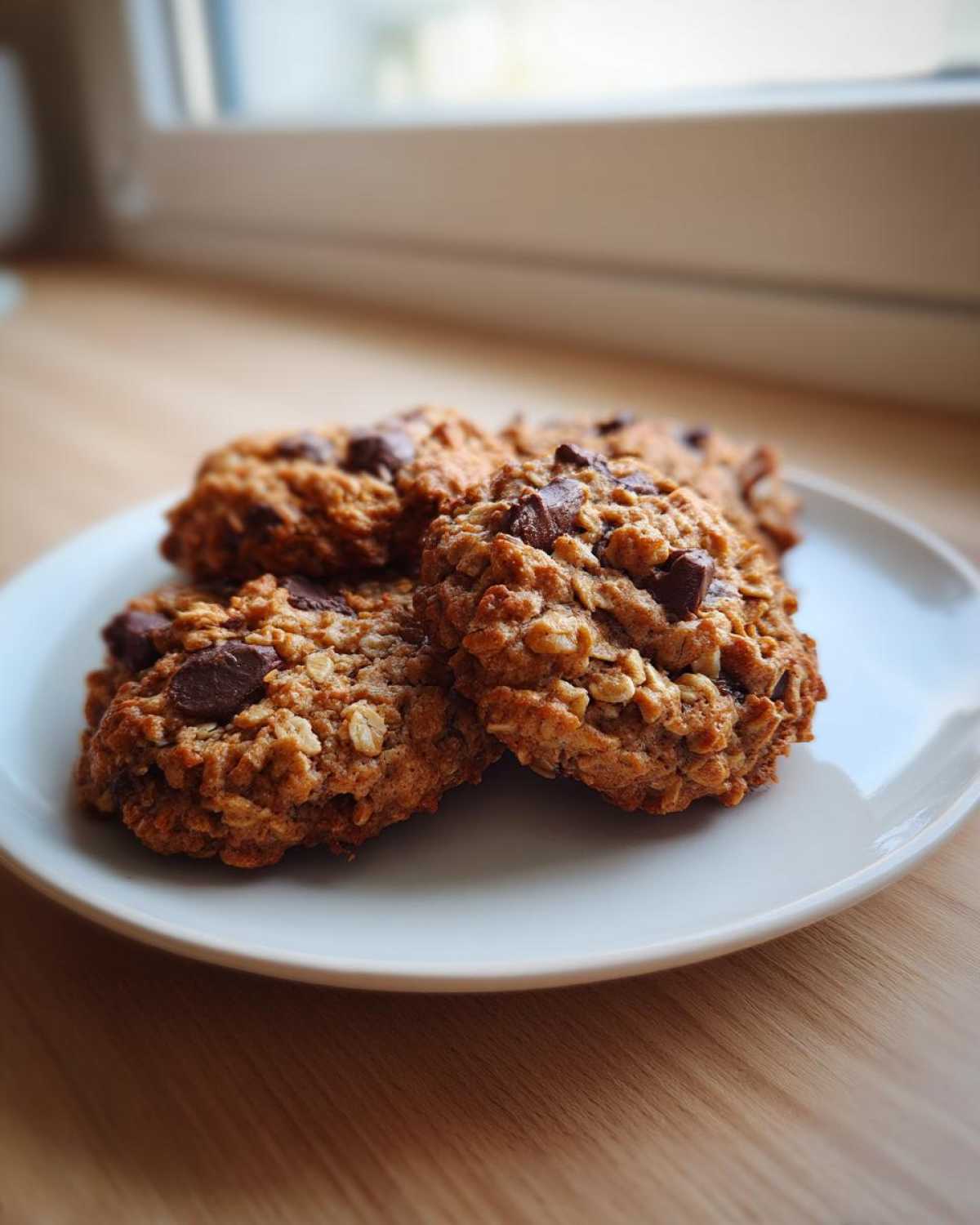 Four freshly baked chocolate chip oatmeal cookie stacked on a white plate near a window.