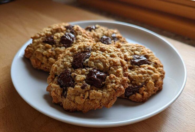 Four freshly baked chocolate chip oatmeal cookie stacked slightly on a white plate, showcasing chewy texture.