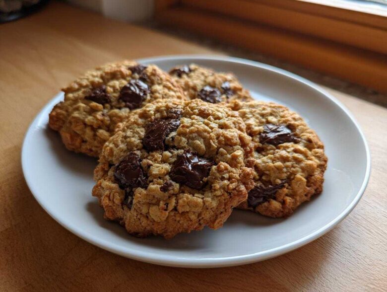 Four freshly baked chocolate chip oatmeal cookie stacked slightly on a white plate, showcasing chewy texture.