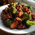 Close-up of saucy chicken and broccoli coated in sesame seeds, a perfect one-pan chicken and broccoli dish.