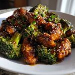 Close-up of saucy chicken and broccoli florets garnished with sesame seeds.