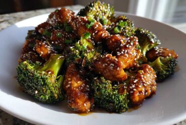 Close-up of saucy chicken and broccoli florets garnished with sesame seeds.