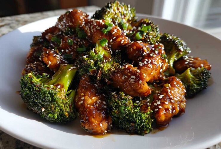 Close-up of saucy chicken and broccoli florets garnished with sesame seeds.