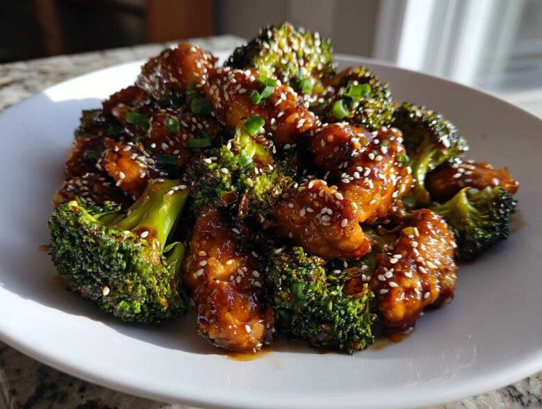 Close-up of saucy chicken and broccoli florets garnished with sesame seeds.