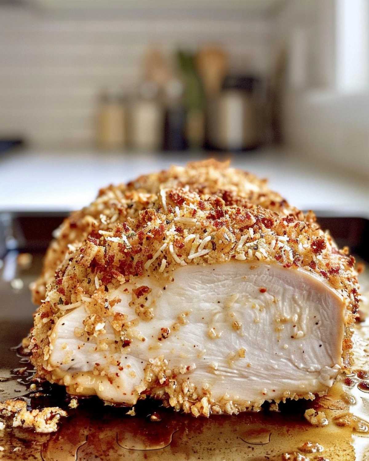 Close-up of a cooked parmesan crusted chicken breast, showing the moist white interior and golden, crunchy crust.