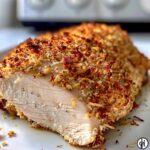 Close-up of a juicy, cooked parmesan crusted chicken breast cut in half showing the white interior.