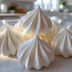 A close-up of several perfectly piped, crisp white meringue cookies resting on a bright marble countertop.