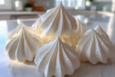 A close-up of several perfectly piped, crisp white meringue cookies resting on a bright marble countertop.