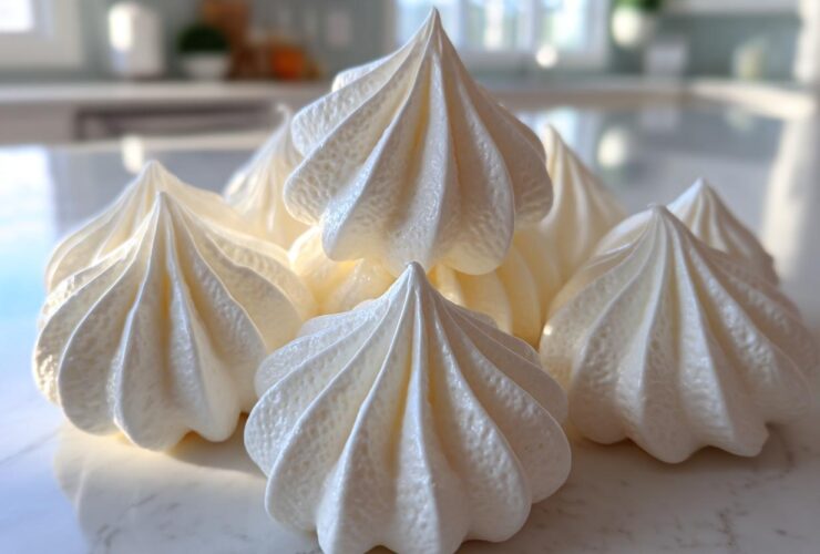 A close-up of several perfectly piped, crisp white meringue cookies resting on a bright marble countertop.