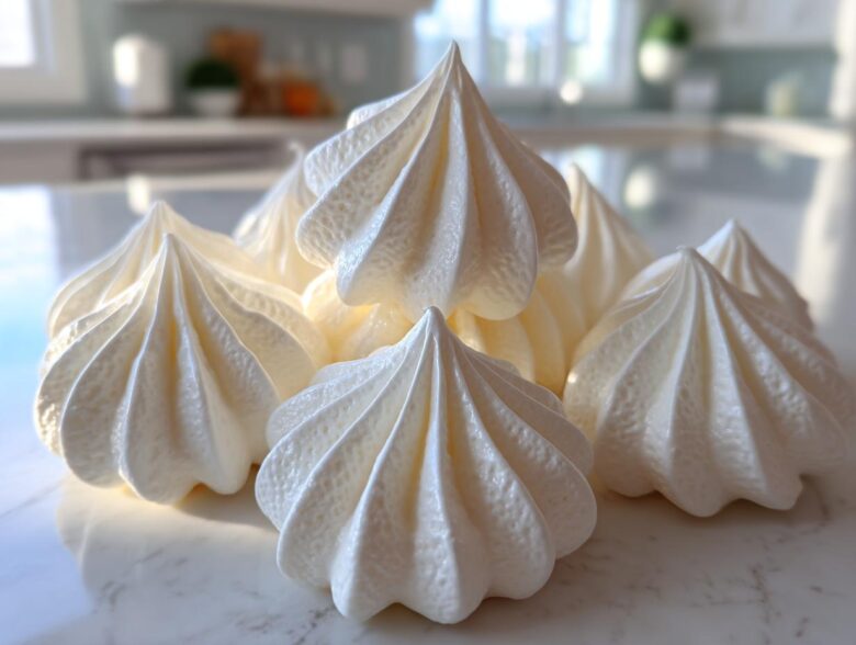 A close-up of several perfectly piped, crisp white meringue cookies resting on a bright marble countertop.