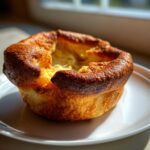 A single, perfectly risen, golden-brown yorkshire pudding sitting on a white plate, showing its crispy edges.