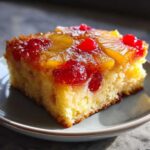 A moist slice of pineapple upside down cake topped with caramelized pineapple rings and bright red maraschino cherries.