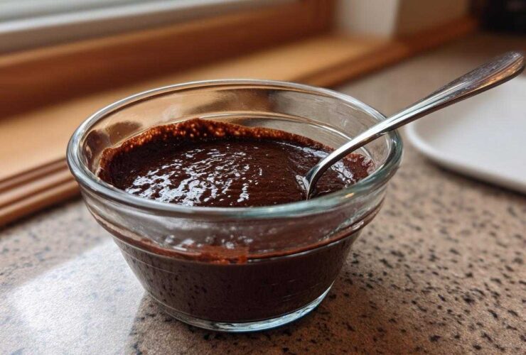 Close-up of rich, dark homemade chocolate pudding in a clear glass bowl with a spoon resting inside.