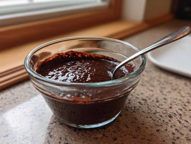 Close-up of rich, dark homemade chocolate pudding in a clear glass bowl with a spoon resting inside.