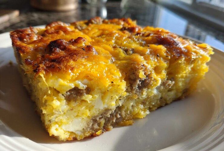 A close-up, sunlit slice of sausage and cheese egg bake showing golden-brown topping and fluffy interior.