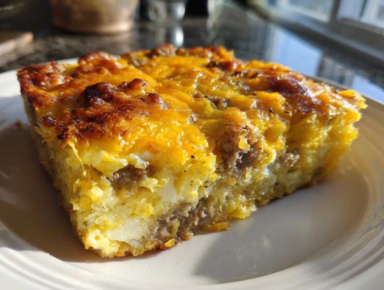 A close-up, sunlit slice of sausage and cheese egg bake showing golden-brown topping and fluffy interior.