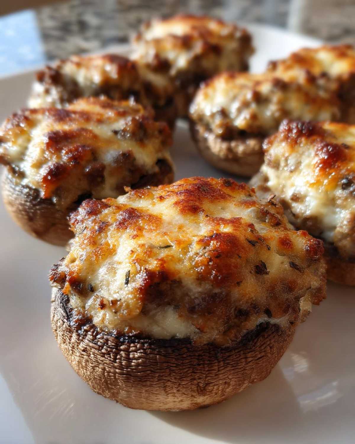 Close-up of several golden-brown Sausage stuffed mushrooms topped with bubbly, browned cheese.