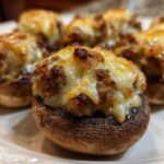 A close-up of freshly baked sausage stuffed mushrooms topped with melted, browned cheese.