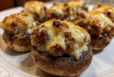 A close-up of freshly baked sausage stuffed mushrooms topped with melted, browned cheese.