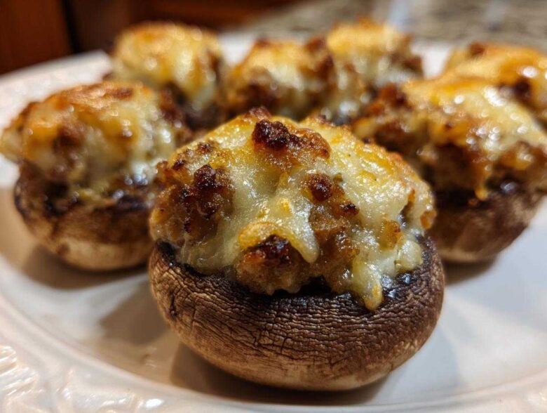 A close-up of freshly baked sausage stuffed mushrooms topped with melted, browned cheese.