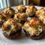 Close-up of several golden brown Sausage stuffed mushrooms with cheesy, browned tops served on a white plate.