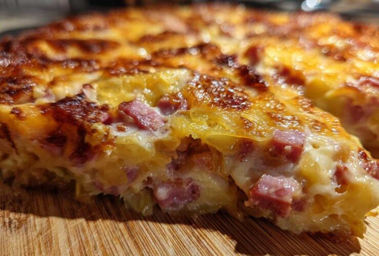 A close-up, cross-section view of cheesy scalloped potatoes and ham baked into a golden-brown casserole.