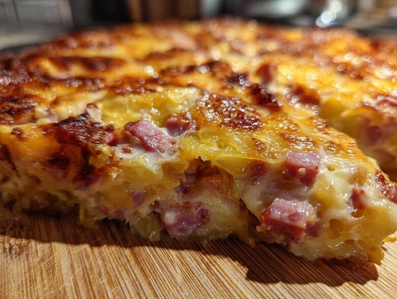 A close-up, cross-section view of cheesy scalloped potatoes and ham baked into a golden-brown casserole.