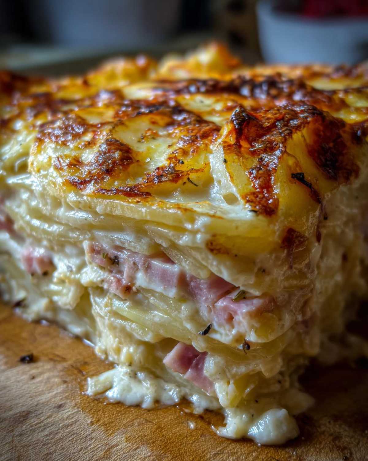A close-up cross-section of rich, cheesy scalloped potatoes and ham, showing layers of potatoes and pink ham cubes.
