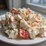 A generous serving of creamy seafood salad with visible chunks of white and red seafood, mixed with green onions, on a white plate.