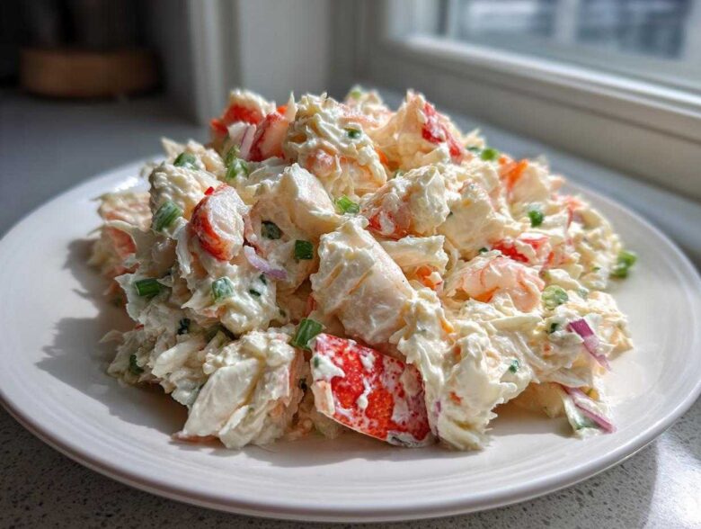 A generous serving of creamy seafood salad with visible chunks of white and red seafood, mixed with green onions, on a white plate.