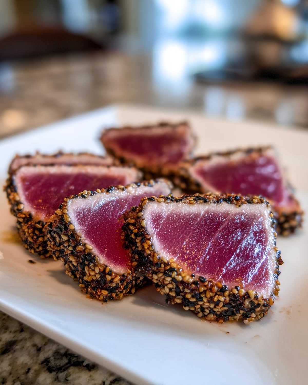 Five slices of perfectly seared ahi tuna, crusted with black and white sesame seeds, showing a rare, deep red center.