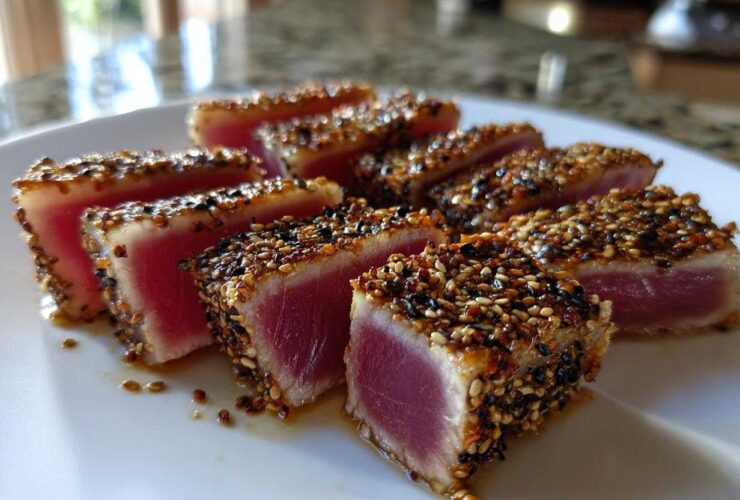 Close-up of perfectly seared ahi tuna slices, crusted with sesame seeds, showing a bright pink center.