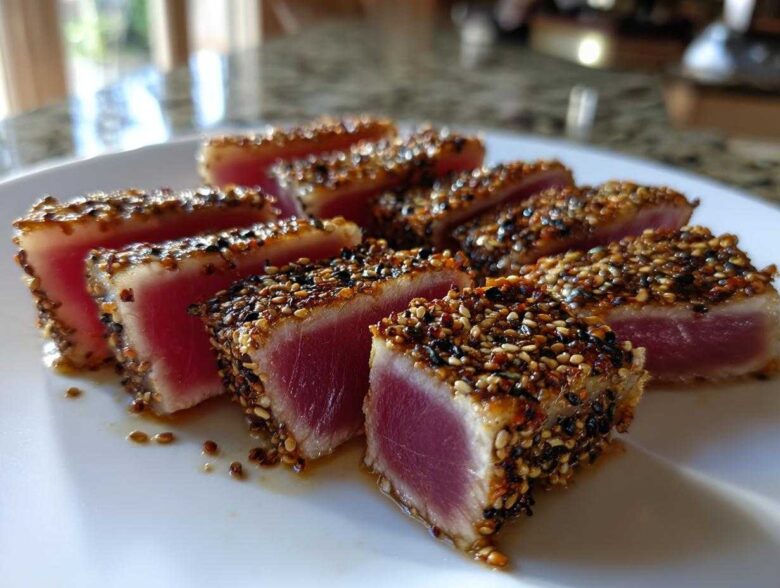 Close-up of perfectly seared ahi tuna slices, crusted with sesame seeds, showing a bright pink center.