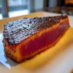 Close-up of a thick, perfectly seared tuna steak showing a dark crust and vibrant red interior, prepared using a MARINADE FOR TUNA STEAK.