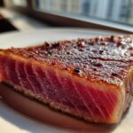 Close-up of a perfectly seared tuna steak, rare in the center, showing the crust from the MARINADE FOR TUNA STEAK.