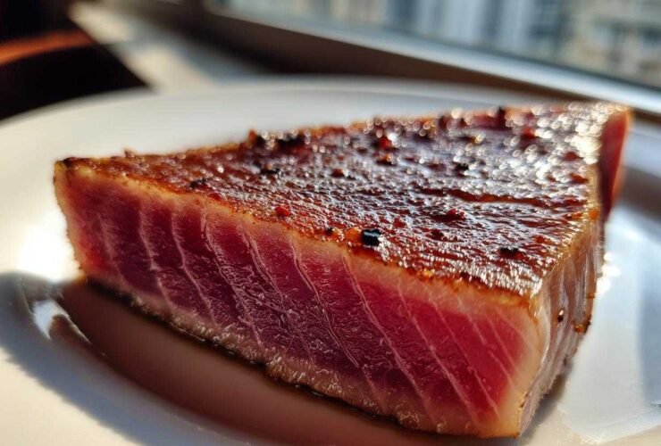 Close-up of a perfectly seared tuna steak, rare in the center, showing the crust from the MARINADE FOR TUNA STEAK.