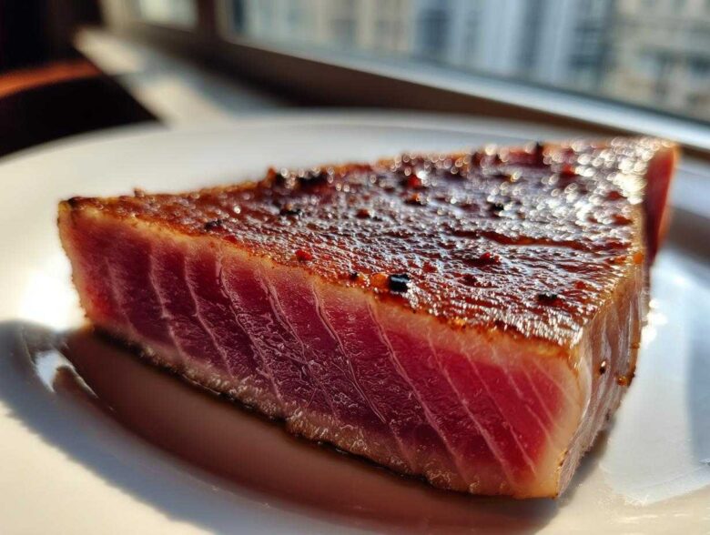 Close-up of a perfectly seared tuna steak, rare in the center, showing the crust from the MARINADE FOR TUNA STEAK.