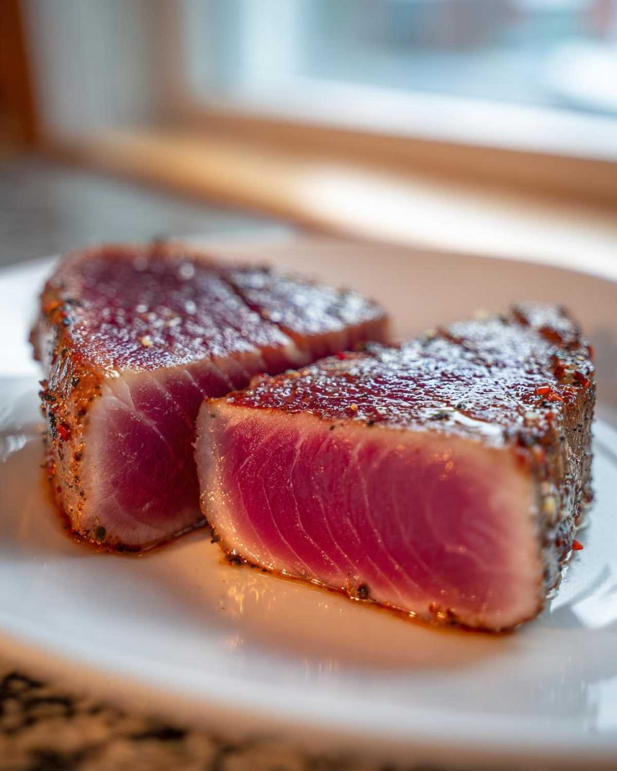 Two thick slices of seared tuna steak, perfectly rare inside, seasoned with pepper, ideal for a MARINADE FOR TUNA STEAK recipe.