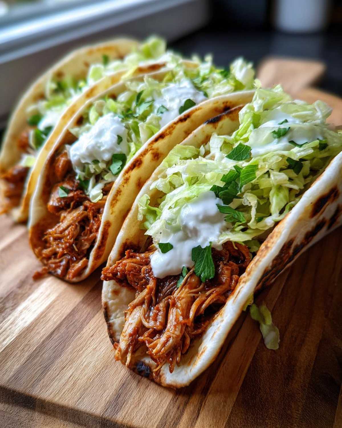 Three soft-shell chicken tacos filled with shredded saucy chicken, lettuce, and sour cream, ready to eat.