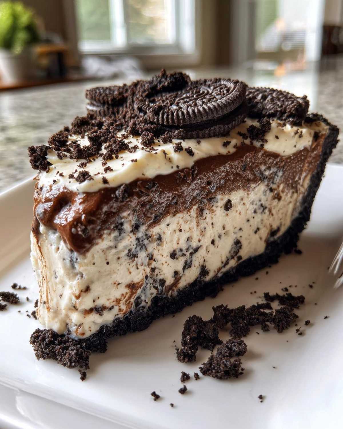 A decadent slice of no-bake oreo pie showing layers of cream, chocolate, and an Oreo crust, topped with crumbs.