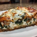 Close-up of a hearty slice of lasagna with cottage cheese, spinach, and melted mozzarella topping.