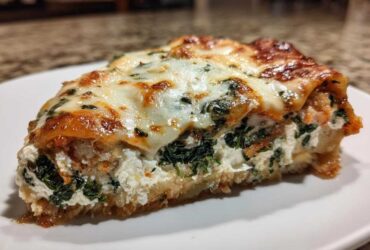 Close-up of a hearty slice of lasagna with cottage cheese, spinach, and melted mozzarella topping.