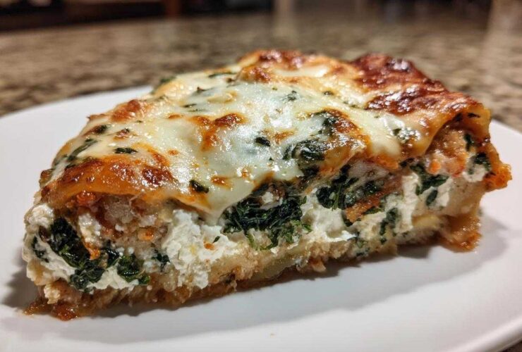 Close-up of a hearty slice of lasagna with cottage cheese, spinach, and melted mozzarella topping.
