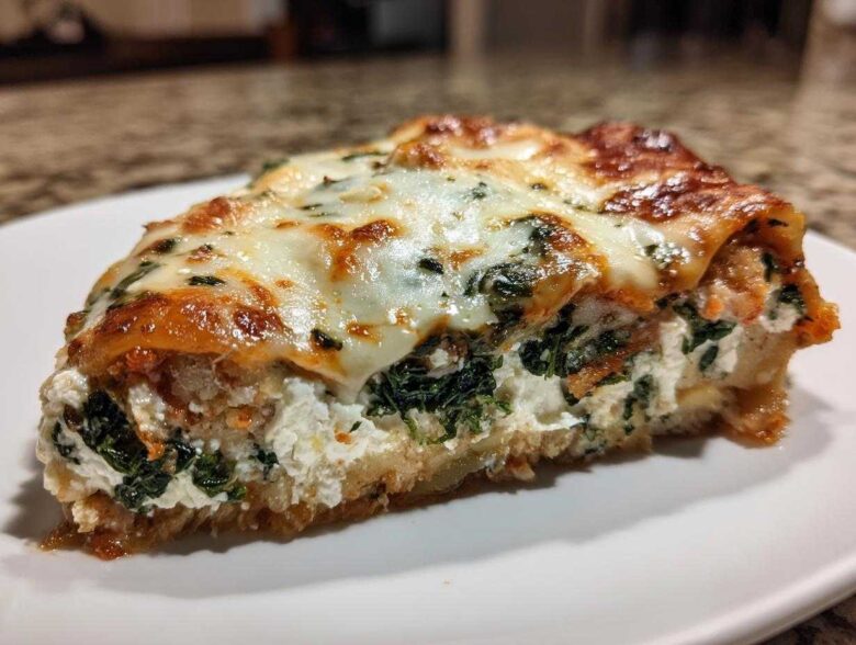 Close-up of a hearty slice of lasagna with cottage cheese, spinach, and melted mozzarella topping.