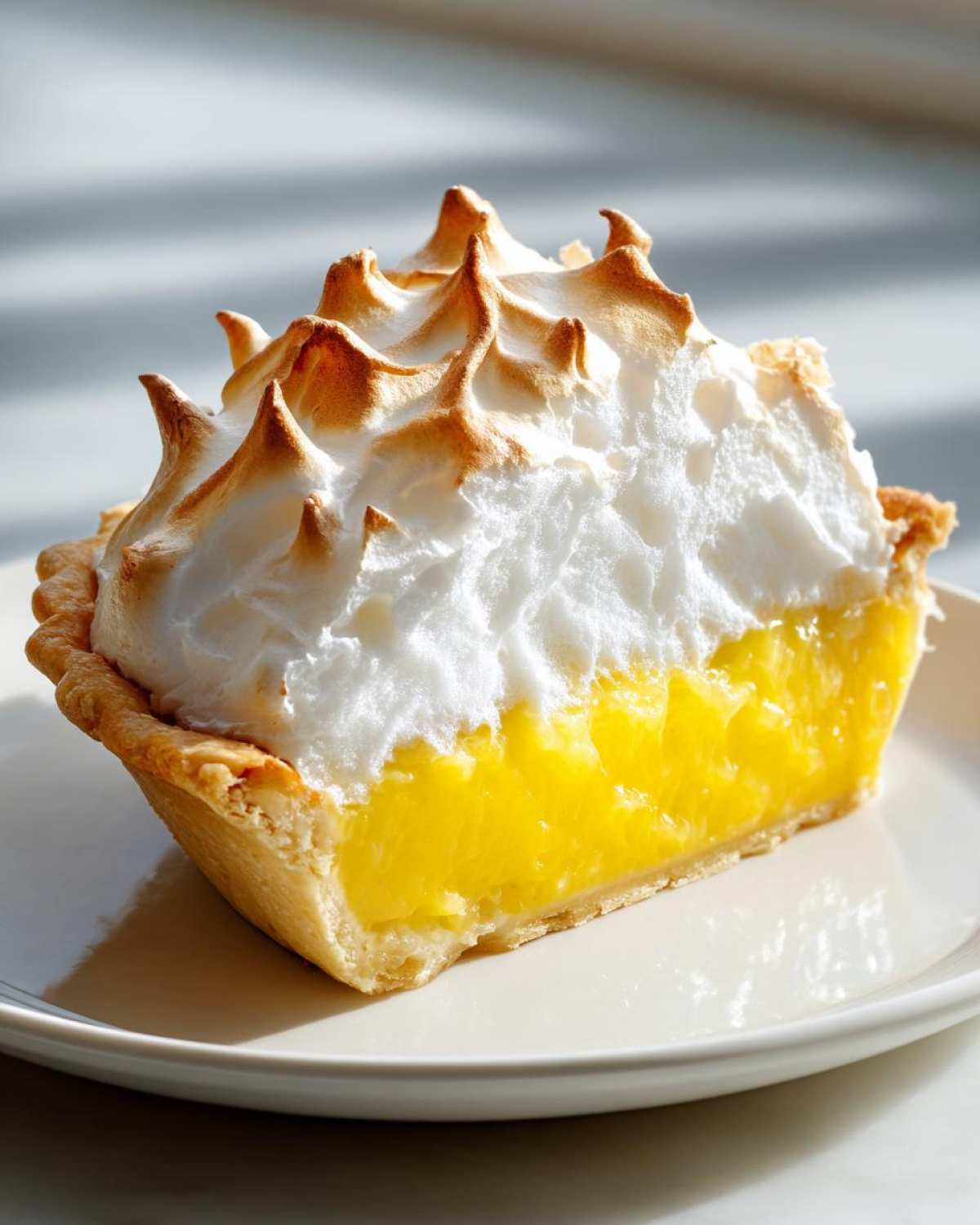 A perfect slice of lemon meringue pie showing bright yellow filling and tall, toasted meringue peaks.