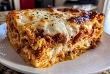 A thick, hearty slice of 9-layer lasagna featuring rich meat sauce and melted, browned cheese topping.