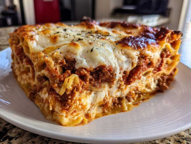A thick, hearty slice of 9-layer lasagna featuring rich meat sauce and melted, browned cheese topping.