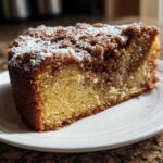 A close-up of a moist slice of coffee cake featuring a rich cinnamon swirl and crumbly streusel topping dusted with powdered sugar.